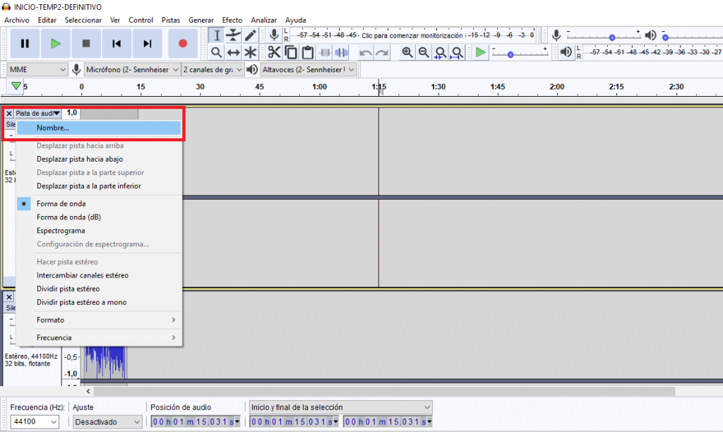 Cambiar nombres pistas Audacity